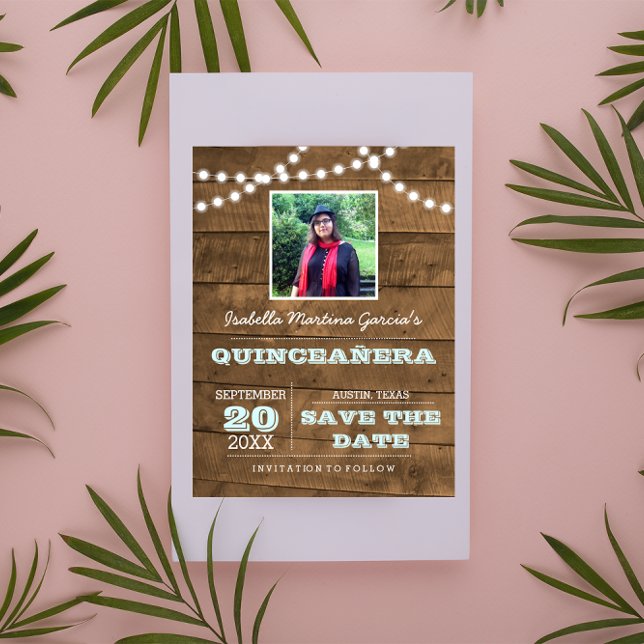 Postal De Anuncios Barnwood Luces Aqua Quinceañera Foto Save Date (Subido por el creador)