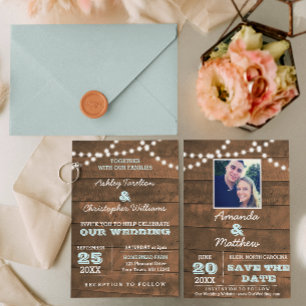 Postal De Anuncios Barnwood Luces Aqua Wedding Save the Date