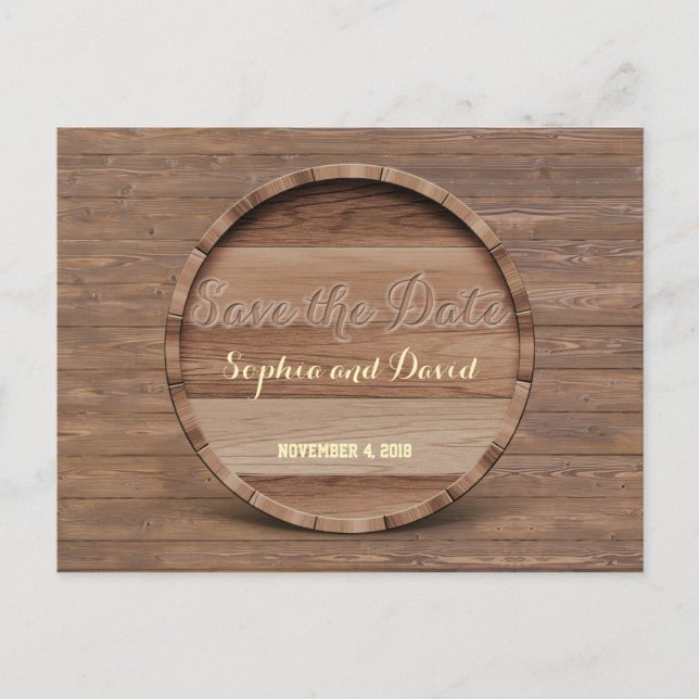 Postal De Anuncios Barril de Madera Rústica Boda Talla GUARDA LA FECH (Anverso)