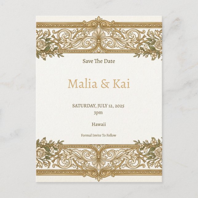 Postal De Anuncios Barroco de oro marfil Save the Date (Anverso)