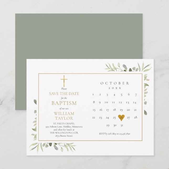 Postal De Anuncios Bautizo Verde para Save The Date (Anverso / Reverso)