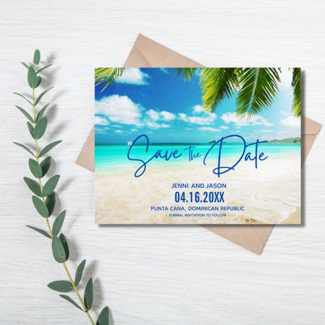 Postal De Anuncios Beach Destination Blue Wedding Save The Date (Subido por el creador)