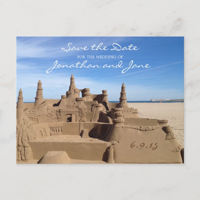 Postal De Anuncios Beach Ocean Love Sandcastle Wedding Save the Date (Anverso)