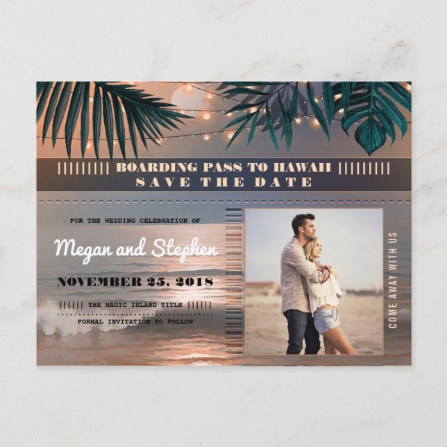 Postal De Anuncios Beach Sunset String Lughts Photo Save the Date (Anverso)
