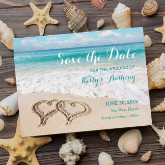 Postal De Anuncios Beach with Hearts on the Sand Save the Date Card