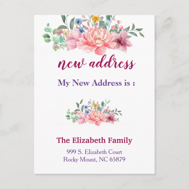 Postal De Anuncios Beautiful Floral New Address Moving Announcement (Anverso)