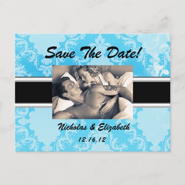 Postal De Anuncios Bebé Blue Damask Save the Date (Anverso)