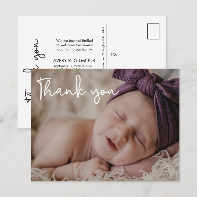 Postal De Anuncios Bebé Chica Foto Bebé ducha Guión moderno (Anverso / Reverso)