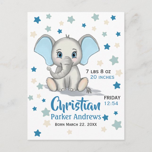 Postal De Anuncios Bebé Elefante Lindo con Orejas Azules Estadísticas (Anverso)