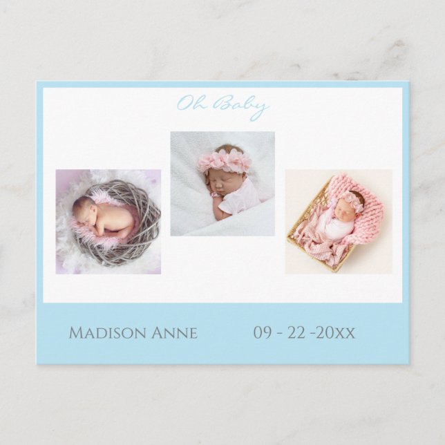 Postal De Anuncios Bebé Foto Blue Boy Script Estadísticas de nacimien (Anverso)