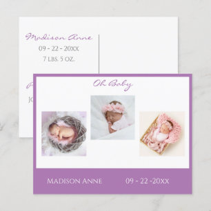 Postal De Anuncios Bebé Foto Chica Púrpura Guión Estadísticas Nacimie