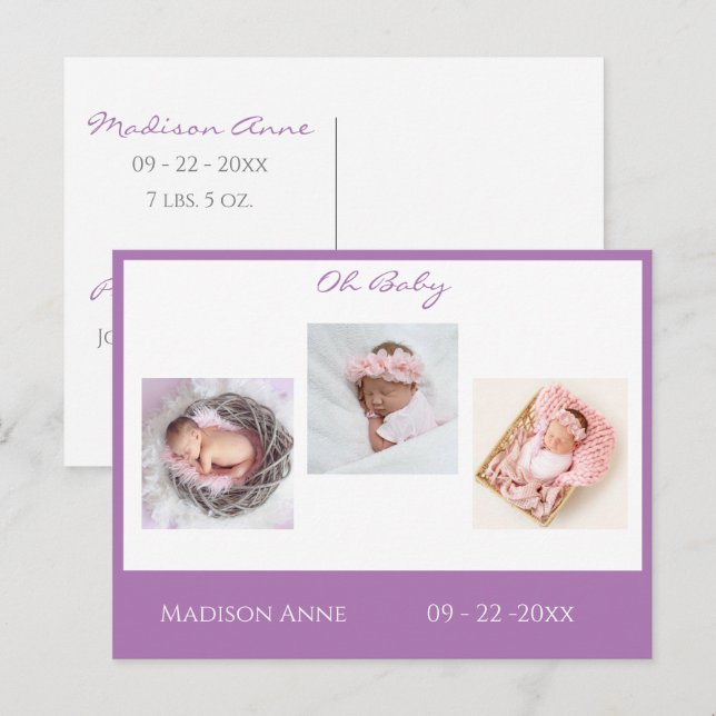 Postal De Anuncios Bebé Foto Chica Púrpura Guión Estadísticas Nacimie (Anverso / Reverso)