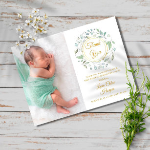 Postal De Anuncios Bebé Foto Greenery Floral Gold Gracias por nacer