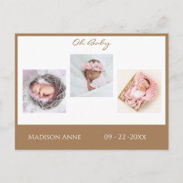 Postal De Anuncios Bebé Foto Marrón Tan niño o Chica Script Nacimient