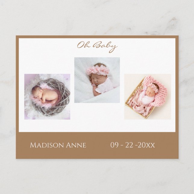 Postal De Anuncios Bebé Foto Marrón Tan niño o Chica Script Nacimient (Anverso)