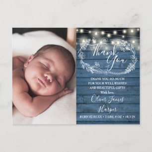 Postal De Anuncios Bebé Nacimiento Foto Blue Wood String Lights Graci