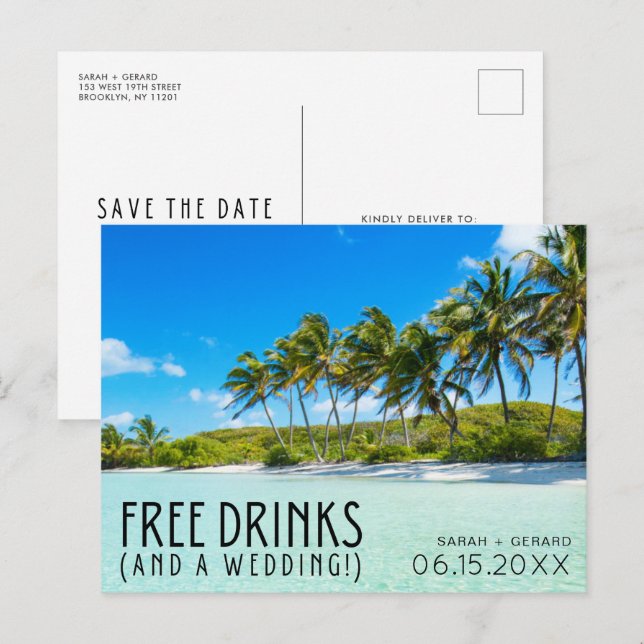 Postal De Anuncios Bebidas Gratis Boda en la Playa Guardar la Fecha (Anverso / Reverso)