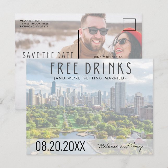 Postal De Anuncios Bebidas Gratis Chicago Skyline Boda Guardar la Fec (Anverso / Reverso)