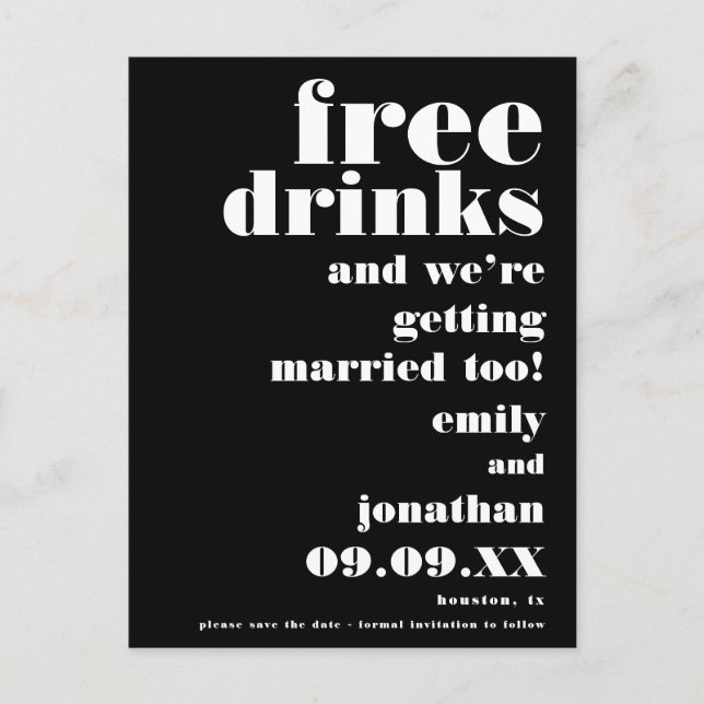 Postal De Anuncios Bebidas Gratis Diversión Boda en Blanco y Negro Gu (Anverso)