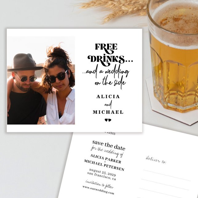 Postal De Anuncios Bebidas gratis divertida boda fotográfica salvar l (Subido por el creador)