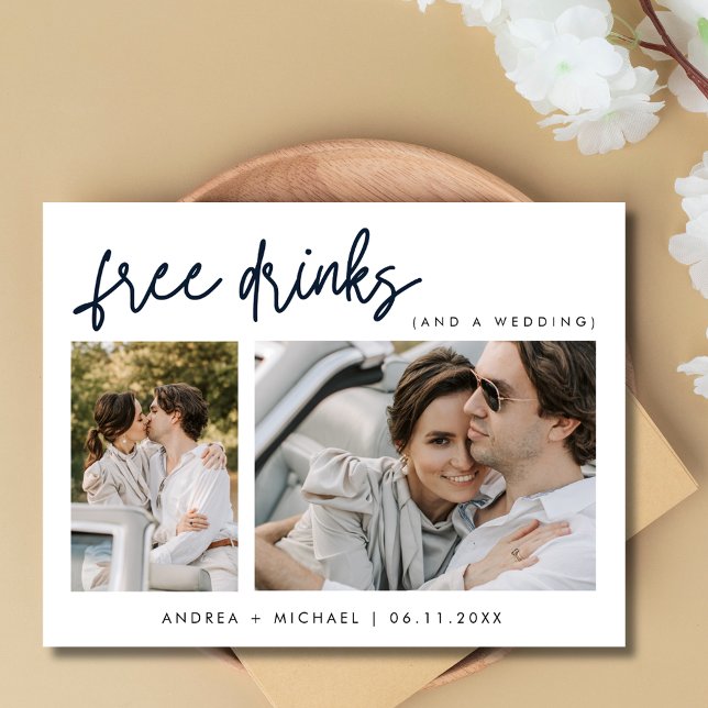 Postal De Anuncios Bebidas Gratis Divertidas Dos Fotos Boda Save the  (Funny Free Drinks Two Photo Wedding Save the Date Postcard)