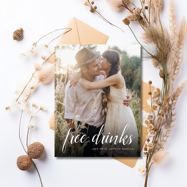 Postal De Anuncios Bebidas gratis Foto Boda divertida Ahorra la fecha (Free Drinks Photo Funny Wedding Save the Date )
