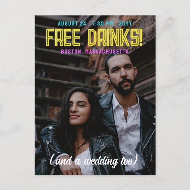 Postal De Anuncios ¡Bebidas gratis! Neon Fonts Wedding Save the Date (Anverso)