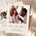 Postal De Anuncios Beige mínimo de 2 fotos salva la fecha<br><div class="desc">Esta simple y minimalista postal Save the Date muestra una foto cuadrada encima de las palabras "Save the Date" en un elegante guión de escritura a mano en negro, seguido por los nombres de la pareja, la fecha boda y la ciudad en letra sans serif en un fondo beige. Añada...</div>