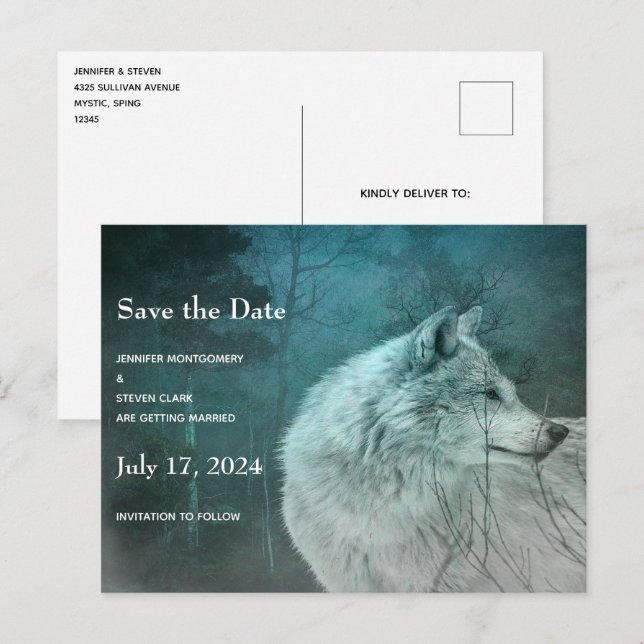 Postal De Anuncios Bello lobo gris en una boda de bosque oscuro (Anverso / Reverso)