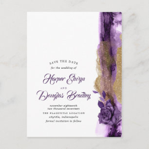 Postal De Anuncios Berenjena Morado y Dorado Brillante Ahorre la Fech