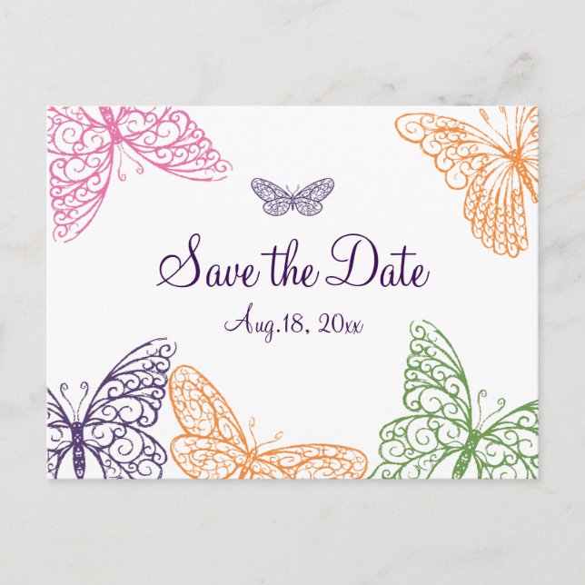 Postal De Anuncios Besos de Mariposa Morada Guardar la Fecha (Anverso)