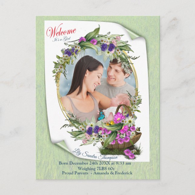 Postal De Anuncios Bienvenido, es una niña primaveral (Anverso)