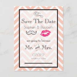 Postal De Anuncios Bigote y Labios Melocotón Chevron Save the Date