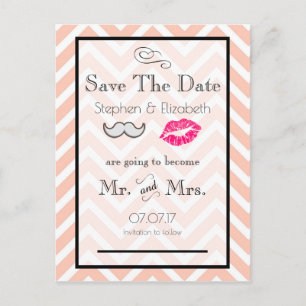 Postal De Anuncios Bigote y Labios Melocotón Chevron Save the Date