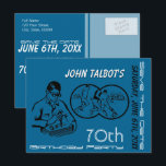 Postal De Anuncios Binocular Fútbol Cumpleaños 70 Salvar La Fecha<br><div class="desc">Ilustración Vintage de un hombre usando gafas de aumento para precisión DIY o hobbies. Ilustración de deporte a la derecha del personaje. Especial personalizable cumpleaños 70 salvar la fecha. Puede cambiar fácilmente el texto (fuente, tamaño, color y posición) y el color de fondo haciendo clic en el botón personalizar. No...</div>