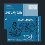 Postal De Anuncios Binocular Fútbol Cumpleaños 70 Salvar La Fecha<br><div class="desc">Ilustración Vintage de un hombre usando gafas de aumento para precisión DIY o hobbies. Ilustración de deporte a la derecha del personaje. Especial personalizable cumpleaños 70 salvar la fecha. Puede cambiar fácilmente el texto (fuente, tamaño, color y posición) y el color de fondo haciendo clic en el botón personalizar. No...</div>