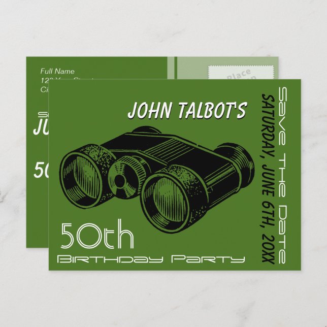 Postal De Anuncios Binóculos Antiguos Cumpleaños 50 Guardar la Fecha (Anverso / Reverso)