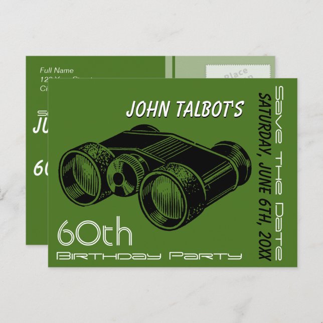 Postal De Anuncios Binóculos Antiguos Cumpleaños 60 Guardar la Fecha (Anverso / Reverso)