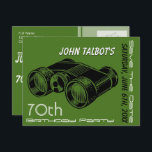 Postal De Anuncios Binóculos Antiguos Cumpleaños 70 Save the Date<br><div class="desc">Ilustración vintage de binóculos. Cumpleaños 70 personalizable Save the date. Puede cambiar fácilmente el texto (fuente,  tamaño,  color y posición) y el color de fondo haciendo clic en el botón personalizar. No te olvides de toda la colección de ilustraciones vintage para cumpleaños.</div>