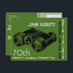 Postal De Anuncios Binóculos Antiguos Cumpleaños 70 Save the Date<br><div class="desc">Ilustración vintage de binóculos. Cumpleaños 70 personalizable Save the date. Puede cambiar fácilmente el texto (fuente,  tamaño,  color y posición) y el color de fondo haciendo clic en el botón personalizar. No te olvides de toda la colección de ilustraciones vintage para cumpleaños.</div>