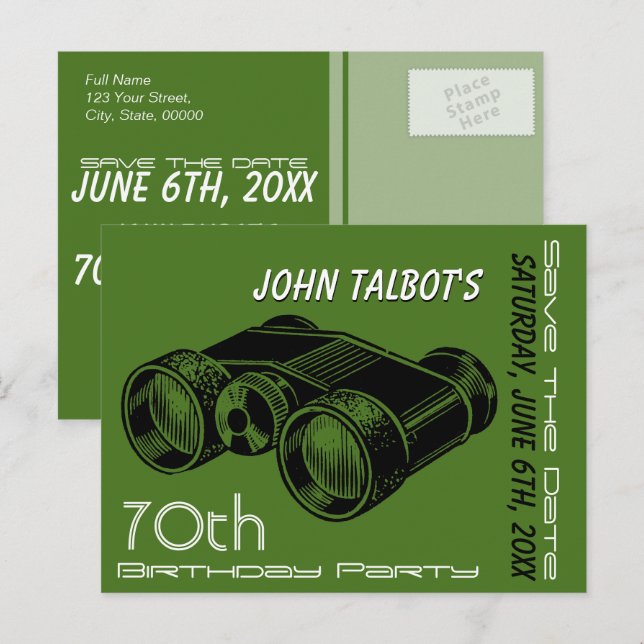 Postal De Anuncios Binóculos Antiguos Cumpleaños 70 Save the Date (Anverso / Reverso)