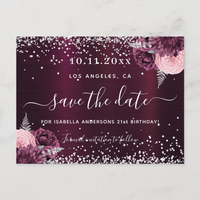 Postal De Anuncios Birthday burgundy plata floral salvar la fecha (Anverso)
