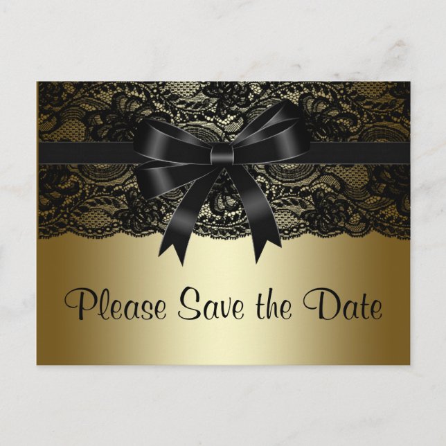 Postal De Anuncios Black and Gold Lace Save the Date (Anverso)