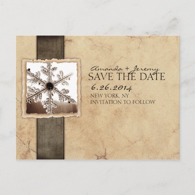 Postal De Anuncios Black and Ivory Winter Snowflake Save the Date (Anverso)