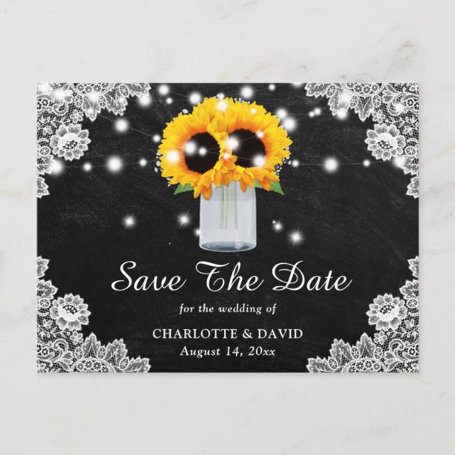 Postal De Anuncios Black Chalkboard Lace Sunflower Save The Date (Anverso)