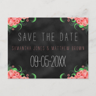 Postal De Anuncios Black Chalkboard Pink Floral Save the Date Card