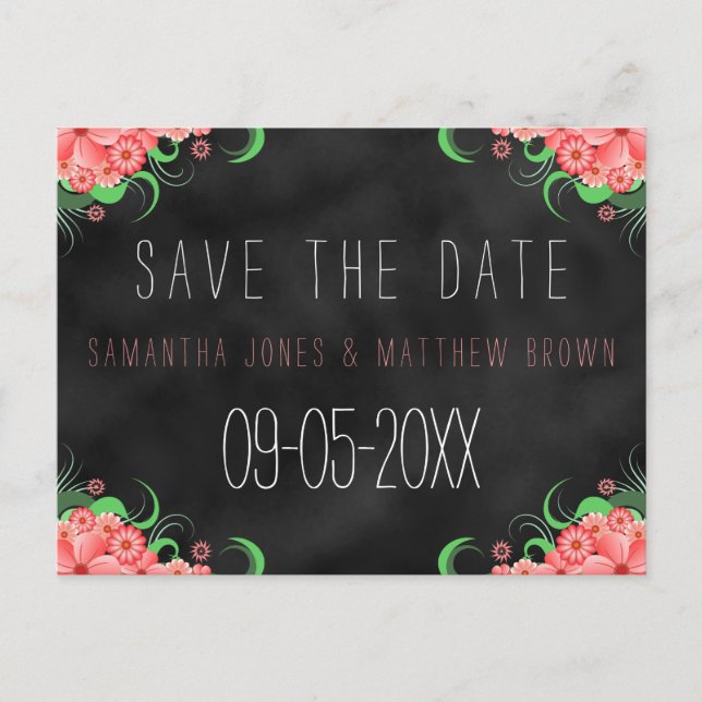 Postal De Anuncios Black Chalkboard Pink Floral Save the Date Card (Anverso)