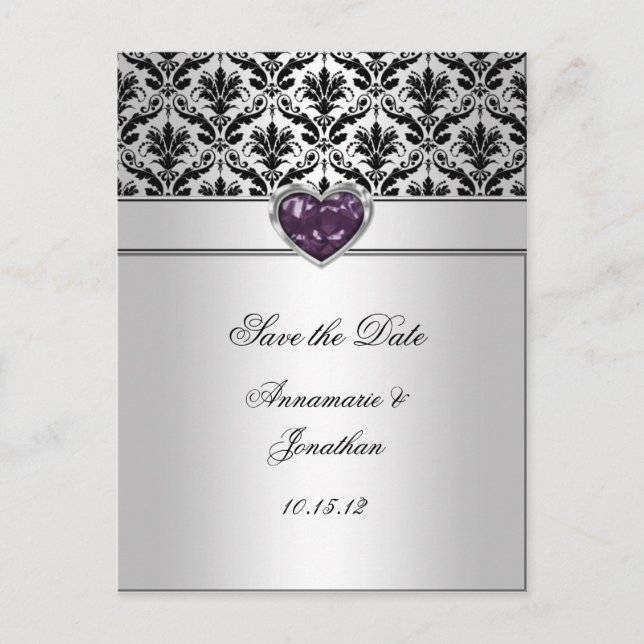 Postal De Anuncios Black Damask Purple Jewel Heart Silver Salve El Da (Anverso)