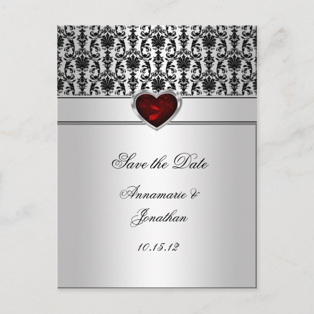 Postal De Anuncios Black Damask Red Jewel Heart Silver Salve El Da (Anverso)