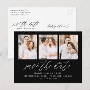 Postal De Anuncios Black Elegant Script 3 Foto Collage Salva la Fecha